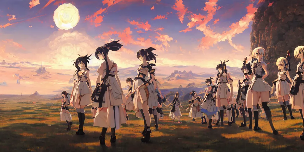 Image similar to baroque acrylic painting of key visual concept art, anime maids in crusade battlefield with early tanks, brutalist fantasy, rule of thirds golden ratio, fake detail, trending pixiv fanbox, palette knife, style of makoto shinkai ghibli takashi takeuchi yoshiyuki sadamoto jamie wyeth james gilleard greg rutkowski chiho aoshima