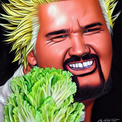 Prompt: guy fieri eating a head of lettuce, high quality by artgerm