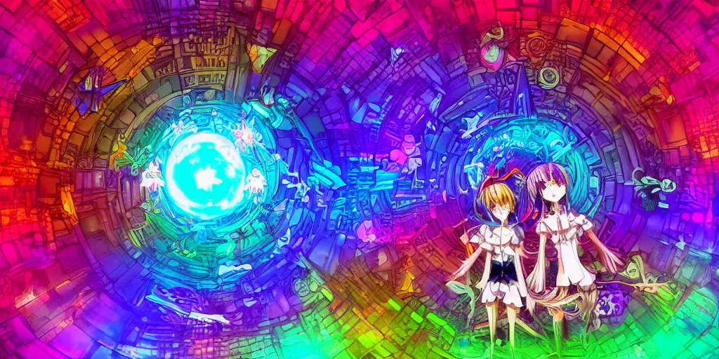 Prompt: Dreamy psychedelic anime, extremely colorful, geometric, Madoka witch labyrinth, patchwork, photoshop, HDR, 4k, 8k, abstract, two anime girls standing within two raging colorful vortexes