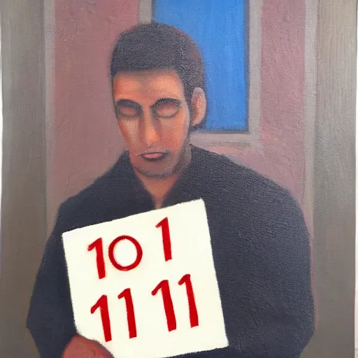 Prompt: a person holding a sign that says 1 + 1 = 3, oil painting, intricate