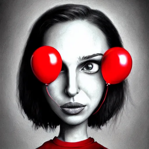 Prompt: surrealism grunge cartoon portrait sketch of natalie portman with a wide smile and a red balloon by - michael karcz, loony toons style, homer simpson style style, horror theme, detailed, elegant, intricate