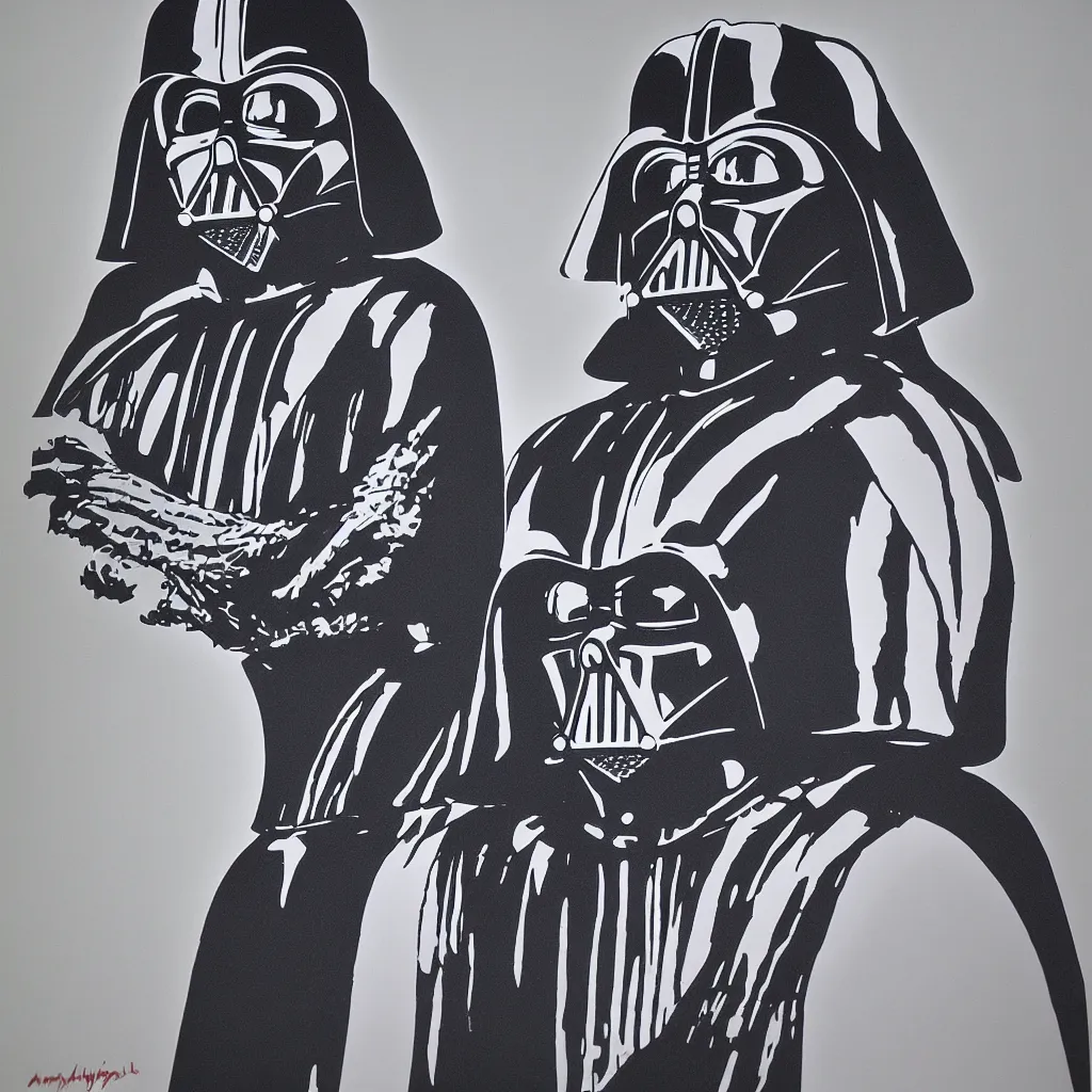 Image similar to individual silk screen portrait of darth vader by andy warhol