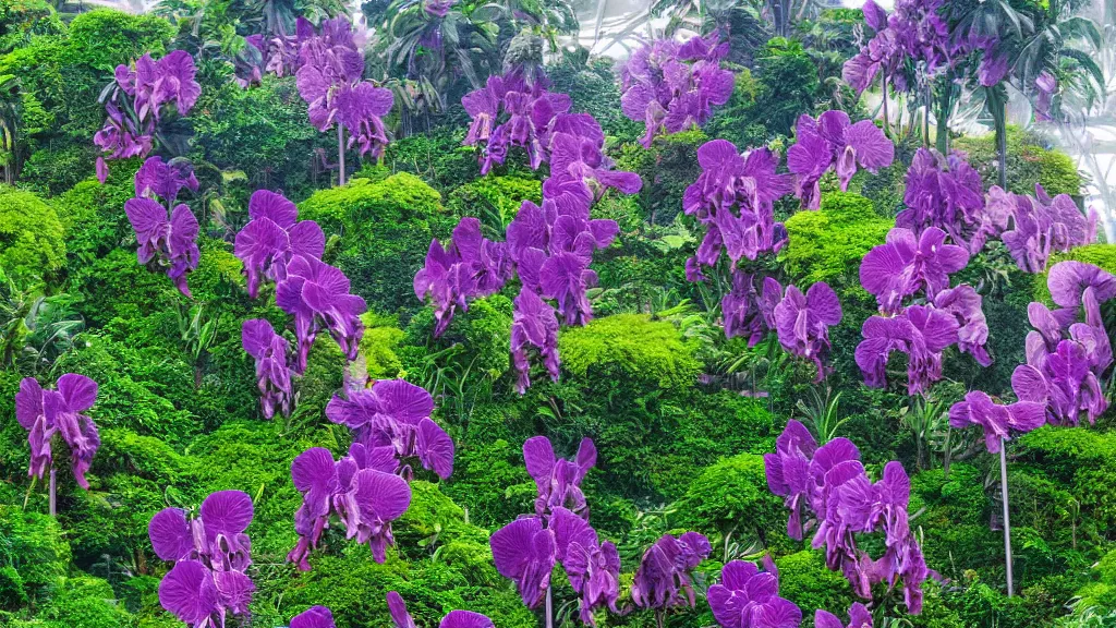 Prompt: giant purple orchid growing of out gardens by the bay in singapore. andreas achenbach, artgerm, mikko lagerstedt, zack snyder, tokujin yoshioka