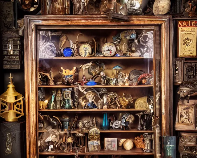 Image similar to a wizards magic cabinet full of oddities and curiosities, esoteric, hd award cinematic photography, studio lighting, 4 k 8 k 1 6 k