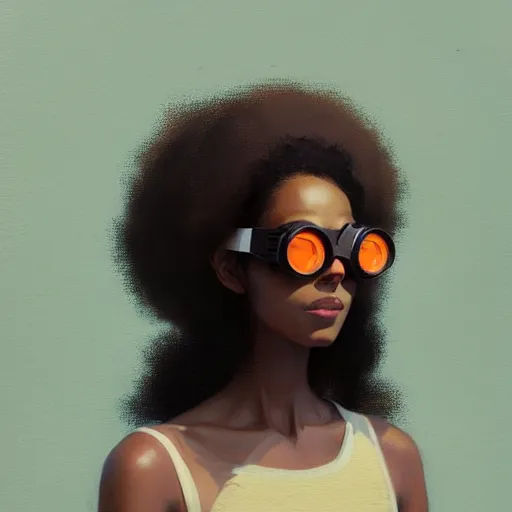 Image similar to Beautiful woman wearing opaque goggles profile picture by Greg Rutkowski, brown skin, long afro hair, asymmetrical, studio ghibli, Organic Painting , Matte Painting, geometric shapes, hard edges, street art, trending on the artstation, fantasy LUT, realistic by Sachin Teng,