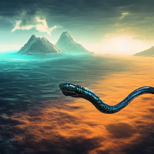 Image similar to overhead look of an alien ocean with clouds above it, serpent emerging out of the water, mountains on the background, octane render, detailed,