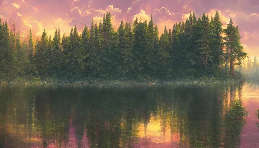 Image similar to tall lush evergreen trees beside a beautiful lake, pink clouds backlit by yellow sun, aesthetic, by greg rutkowski, featured on artstation, wide angle