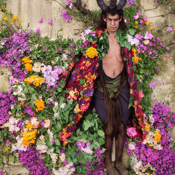 Image similar to a satyr wearing a cloak made of flowers, by Omar Z. Robles, CANON Eos C300, ƒ1.8, 35mm, 8K, medium-format print