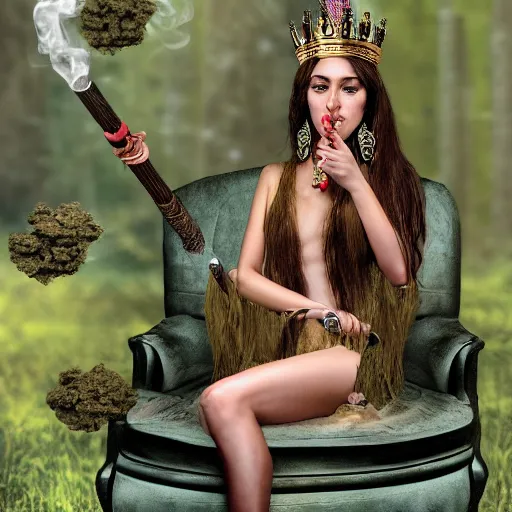 Prompt: princess of cannabis, extremely realistic, sitting a throne made of hemp, smoking a bowl from a huge bong