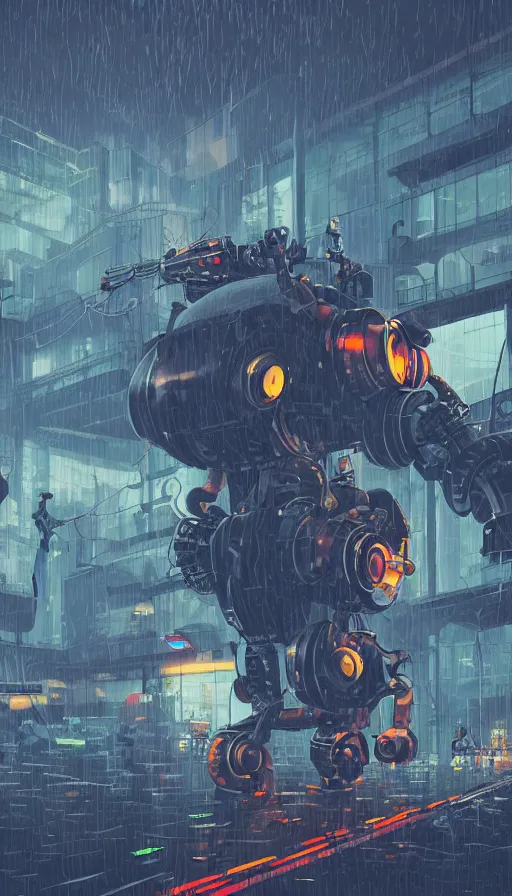 Prompt: a steampunk robot battle a cyberpunk robot, raining, sharp focus, james gilleard, cinematic, print game art, extremely detailed digital painting