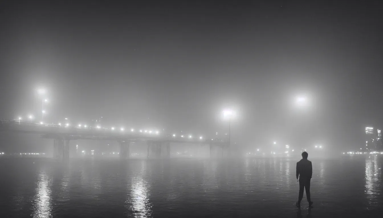 Image similar to 80s asian neon movie still with a lone man levitating over a pier by the river on early morning with city lights behind his back, Fog raising from river, Fallen angels movie still. hyperrealistic, photorealistic, high definition, medium format photography, highly detailed, tehnicolor, anamorphic 50mm lens