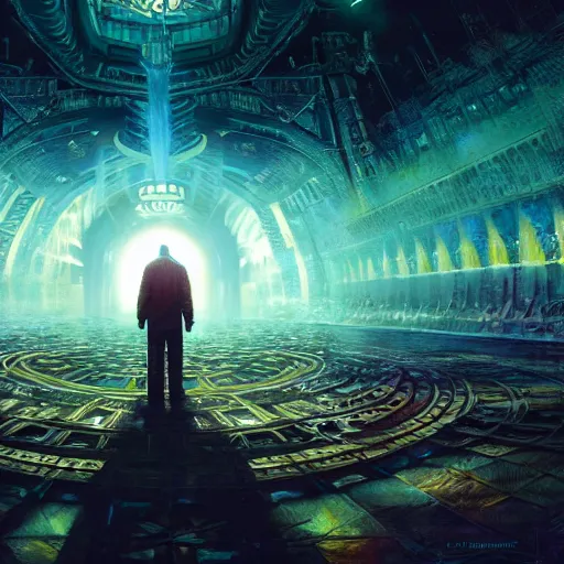 Prompt: the god is dead by barclay shaw, andreas rochas, dan mumford and craig mullins and killian eng. 8 k, intricate details, illustration, dynamic lighting, unreal engine, featured on artstation, soft glow, volumetric lighting