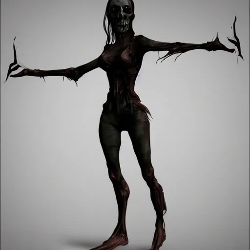 Prompt: female wraith, undead, dynamic pose, elongated legs, long fingers, talons, skull, terrifying, dark, fog, artstation