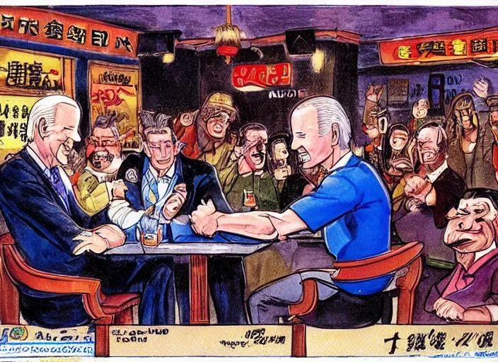 Image similar to joe biden arm wrestling in a bar in china illustration by mike ploog