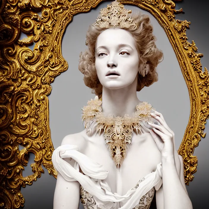 Image similar to photo portrait of a beautiful woman like a queen-ethereal-angel, dressed in long elegant intricate ornamental baroque white dress, intricate fractal highly detailed baroque ornament in the upper side of breast, bust with a very long neck , elegant, highly detailed intricate baroque ornament in her hair, Realistic, Refined, Highly Detailed, Cinematic cold Lighting, fine art photography by Paolo Roversi, volumetric studio lighting, hyper realistic photography
