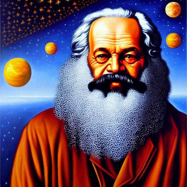 Image similar to an oil on canvas portrait painting of karl marx, surrealism, surrealist, cosmic horror, rob gonsalves, high detail