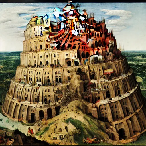 Image similar to The Tower of Babel by Bruegel in impossible geometry, Escher