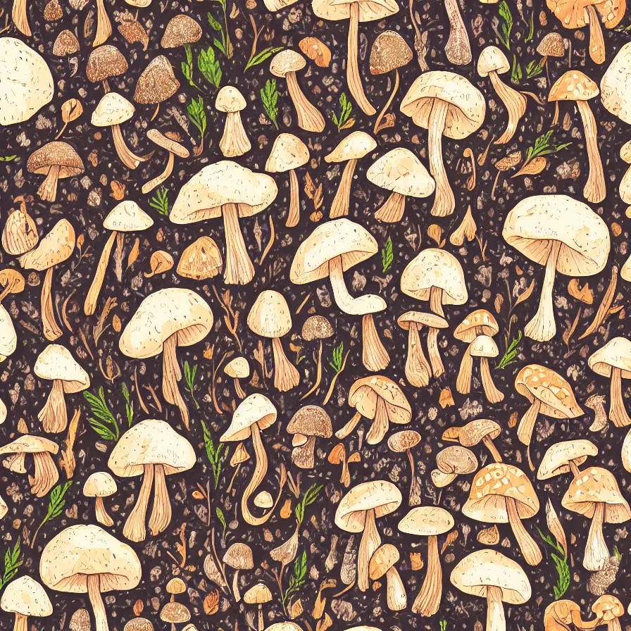 Image similar to macro photo with a mushroom characters and mycelium, very close to real nature, natural colors and natural surroundings, painted patterns and coloring on mushrooms, seamless fabric pattern 8K, highly detailed.