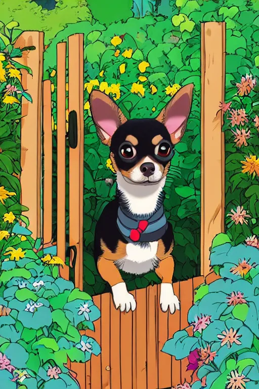 Image similar to A black and tan chihuahua looks through her garden gate, cel shaded cartoon in the style of studio Ghibli, sunny morning, cinematic lighting, summer