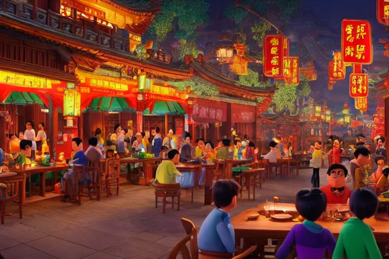 Image similar to a still from a pixar movie of a bustling tavern in china, at night