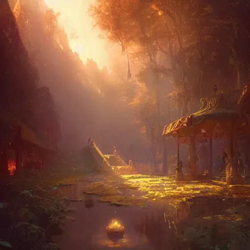 Image similar to A ludicrous world meets a utopian world, illustrated by Greg Rutkowski and Gaston Bussiere, dappled lighting, beautiful volumetric lighting, softly blurred atmosphere, yellowish radiant cinematic imagery, trending on artstation, 4k, 8k