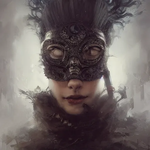 Image similar to Very very very very highly detailed epic photo of face with venetian mask, intricate, dystopian, sci-fi, extremely detailed, digital painting, artstation, concept art, smooth, sharp focus, illustration, intimidating lighting, incredible art by Greg Rutkowski and Jakub Rozalski and Artgerm and Anton Pieck