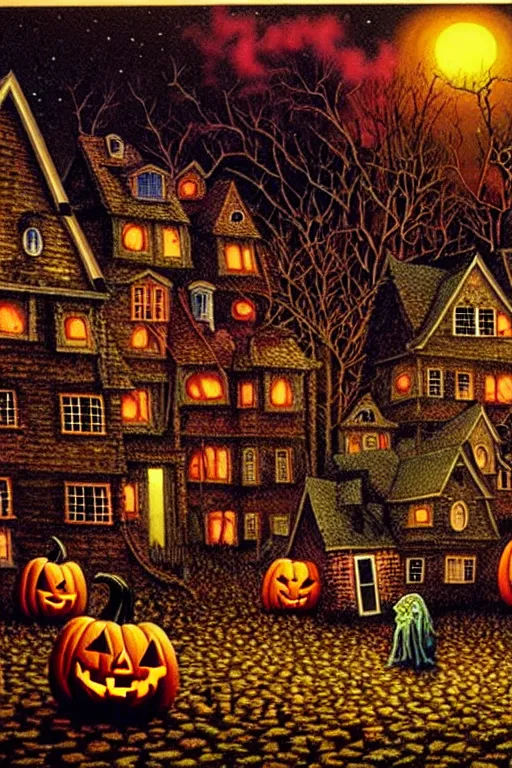 Image similar to a hyperrealistic painting of a haunted autumn night village with halloween decorations invasion, by chris cunningham and richard corben, highly detailed, vivid color,