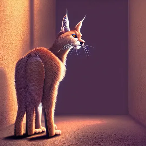 Image similar to a wholesome animation key shot of a focused cute caracal in an abandoned alleyway, medium shot, waist up, studio Ghibli, Pixar and Disney animation, sharp, very detailed, high resolution, Rendered in Unreal Engine 5, anime key art by Greg Rutkowski, Bloom, dramatic lighting