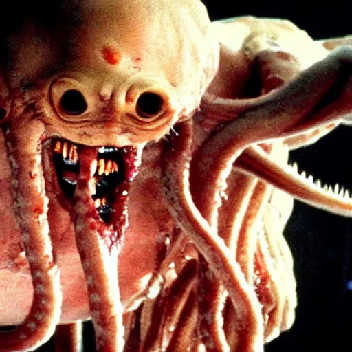 Image similar to horrible creature from the movie The thing (1982). disgusting. movie scene. blood. creepy. tentacles. peeling. chilling. scary. gross. visceral. disturbing. granular photography W-1024 H1024