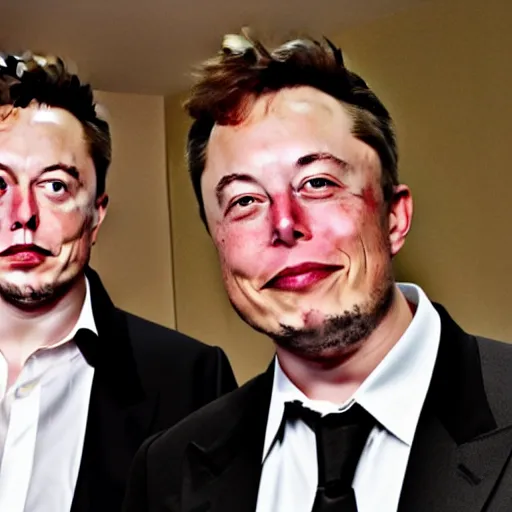 Image similar to A portrait photo of Elon Musk teams up with a teenage Elon Musk, perfect faces, 50 mm, award winning photography