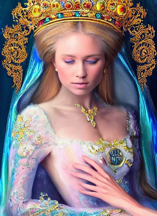 Image similar to Russian princess Erika looking at the camera while in a vivid dream world. soft detailed painting at 16K resolution and amazingly epic visuals. epically beautiful image. amazing effect, image looks gorgeously crisp as far as it's visual fidelity goes, absolutely outstanding. vivid clarity. ultra detail. iridescent. mind-breaking. mega-beautiful pencil shadowing. beautiful face. Ultra High Definition. soft shading. soft texture. intensely beautiful.