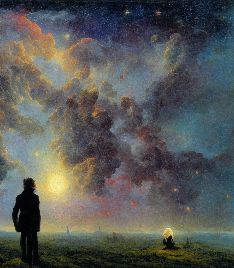 Image similar to an impasto oil painting of a futuristic wanderer gazing into a misty universe full of mystical colorful light nebulae and galaxie spainted by caspar david friedrich, light colors, impressionism