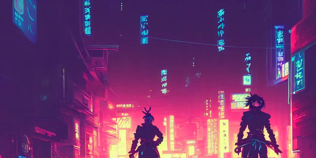 Image similar to digital illustration closeup of cyberpunk samurai in city street at night by makoto shinkai, ilya kuvshinov, lois van baarle, rossdraws, basquiat | afrofuturism, in the style of hearthstone, trending on artstation | cool color scheme