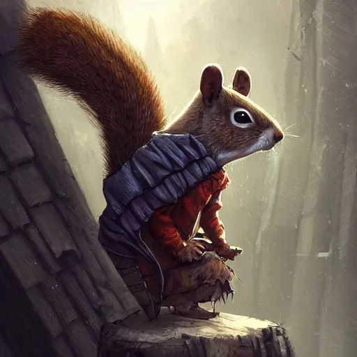 Prompt: Anthropomorphic Squirrel in cloak sitting atop a roof in a decimated city rossdraws,greg rutkowski,and Sarah Andersen,ambient style, very detailed,detailed armor,detailed helmet,movie poster type,cinematic lighting