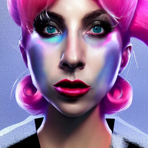 Prompt: highly detailed vfx portrait of lady gaga as harley quinn, stephen bliss, unreal engine, greg rutkowski, loish, rhads, beeple, makoto shinkai and lois van baarle, ilya kuvshinov, rossdraws, tom bagshaw, alphonse mucha, global illumination, detailed and intricate environment