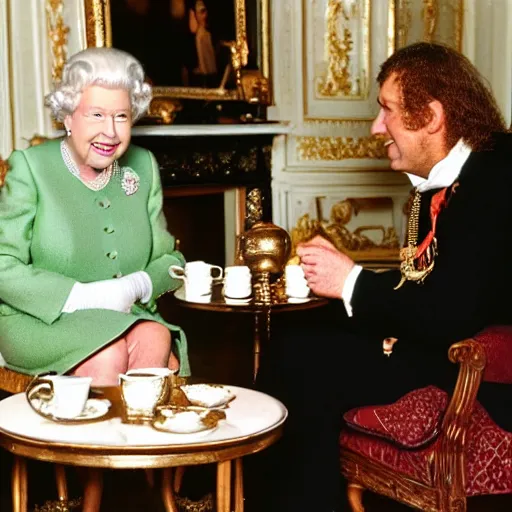 Prompt: photo of queen elizabeth having tea with a neanderthal caveman