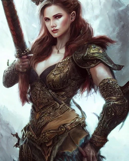 Prompt: a beautiful female warrior, 8 k, hyperrealistic, dragon slayer, hyperdetailed, fantasy portrait by laura sava