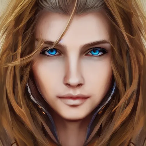 Prompt: portrait, 30 years old women :: fantasy :: blue eyes, long straight blonde hair :: attractive, symmetric face, friendly, smiling :: brown medieval cloting, natural materials :: high detail, digital art, RPG, concept art, illustration