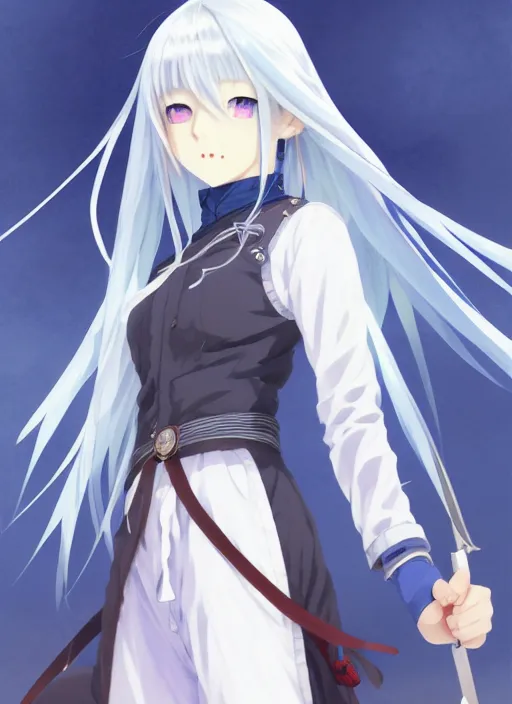 Image similar to a full body portrait of a japanese gray hair, adventurer young lady, with white hair and bangs!!!!, blue eyes, finely detailed features, closeup at the faces, perfect art, gapmoe yandere grimdark, trending on pixiv fanbox, painted by greg rutkowski makoto shinkai takashi takeuchi studio ghibli, akihiko yoshida,