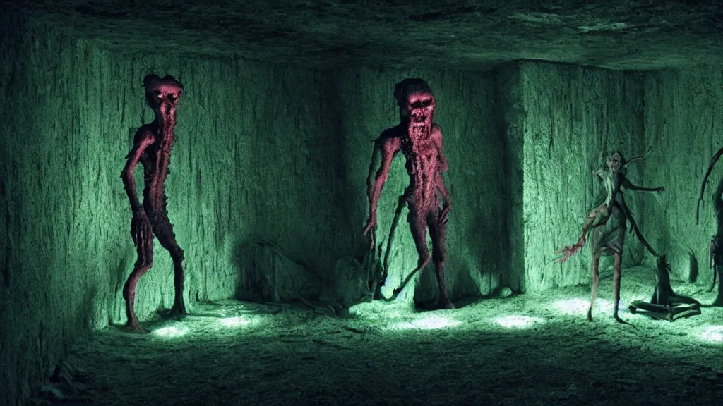 Image similar to the creature in the basement, made of glowing wax and ceramic, surrounded by enemies, film still from the movie directed by denis villeneuve and david cronenberg with art direction by salvador dali and zdzisław beksinski, wide lens