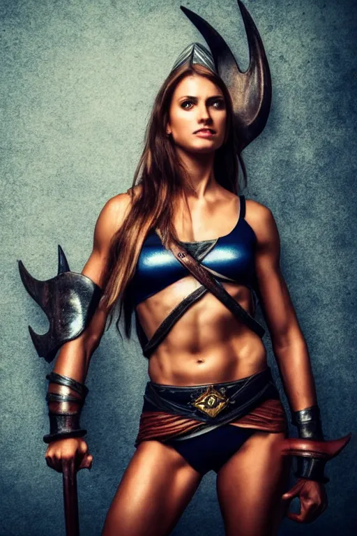 Image similar to full body portrait, thin muscular viking amazon warrior woman, 6 pack ab, symmetrical beautiful face, relaxed pose