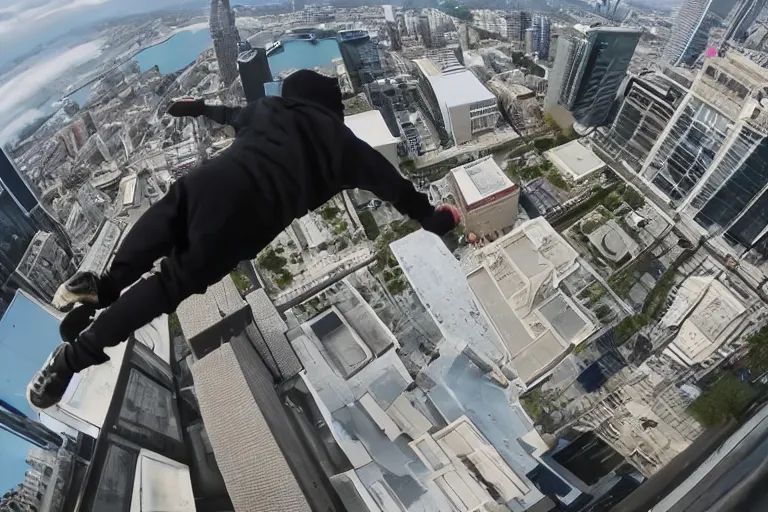 Image similar to first person perspective pov of parkour at high buildings