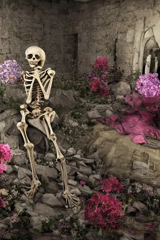 Image similar to a human skeleton full of flowers sitting in a destroyed and ruined throne in a ruined castle at sunrise, concept art, octane render, unreal engine 5, trending on Artstation, high quality, 8K, soft lighting, trending on DeviantArt, highly detailed, digital art, hyperrealistic, path traced, godrays, complementary colors, natural lighting, anatomically correct, five fingers