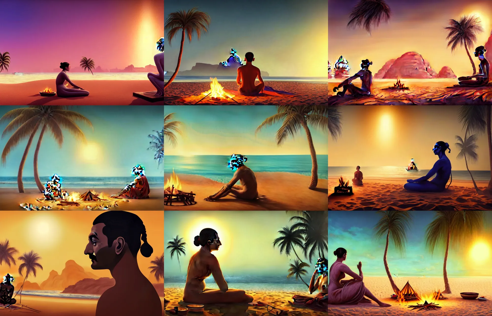 Prompt: side profile centred painted portrait, gandhi at the beach sitting on the sand next to a campfire with palm trees in the back, gloomhaven, matte painting concept art, art nouveau, beautifully backlit, swirly vibrant color lines, fantastically gaudy, aesthetic octane render, 8 k hd resolution, hyperrealistic, focused, extreme details, masterpiece