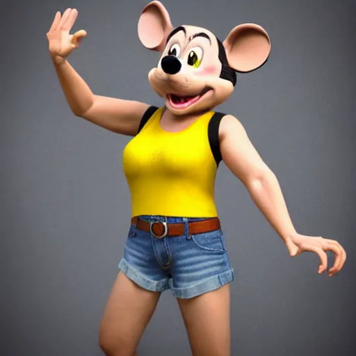 Image similar to 3 d render, portrait, upper body shot, mid shot, anthropomorphic mouse, female, wearing denim short shorts and a off yellow tank top shirt, in the style of rescue rangers