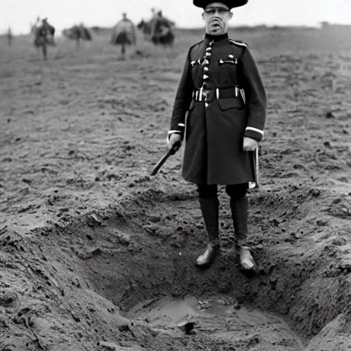 Image similar to a black and white photograph of a rabbit wearing a ww1 uniform, standing in a muddy trench