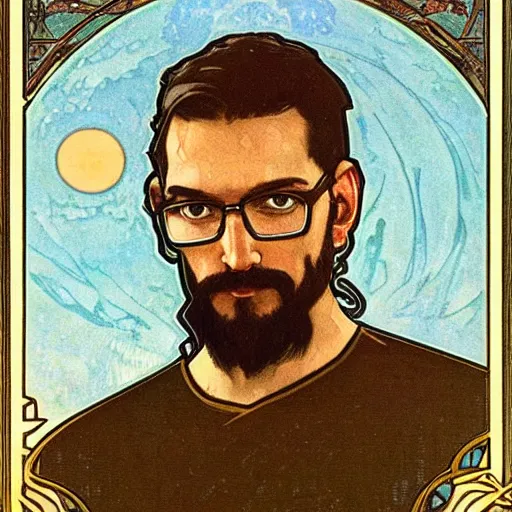 Image similar to gordon freeman portrait by louis - theophile hingre and alphonse mucha, realistic, sharp focus, zodiac signs, tarot cards, planets, ethereal, art nouveau, magic, moon, sun, crown, dreamy, royal, jewellery