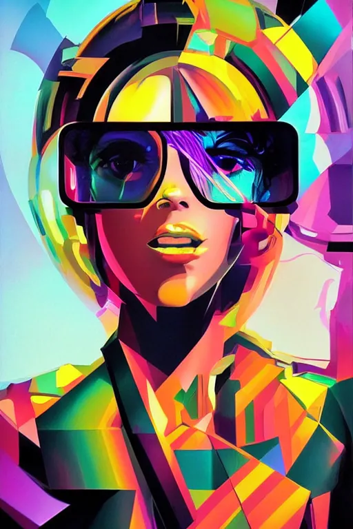 Image similar to wideangle portrait, digital painting, an beautiful, crazy hacker girl, madness, decoherence, synthwave, glitch!!, fractured reality, refraction, realistic, hyperdetailed, concept art, art by syd mead, cubism