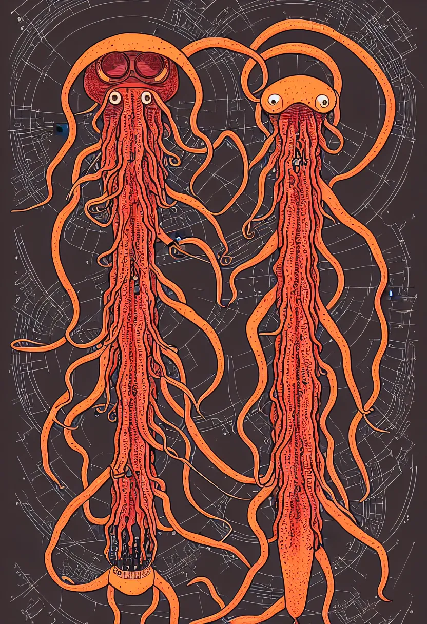 Prompt: concert poster for'grandpa finger ', dying robotic squid, symmetrical vector art, 8 k, highly detailed illustration