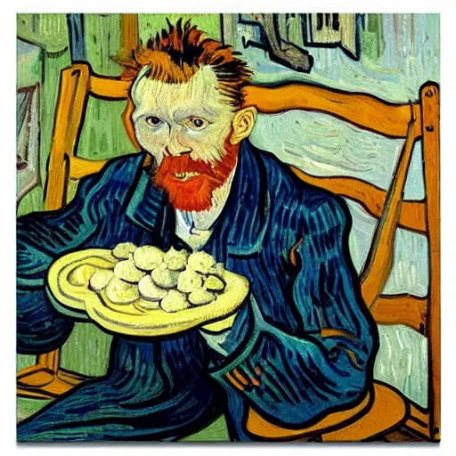 Prompt: french guy eating yogurt, painting, artwork by van gogh